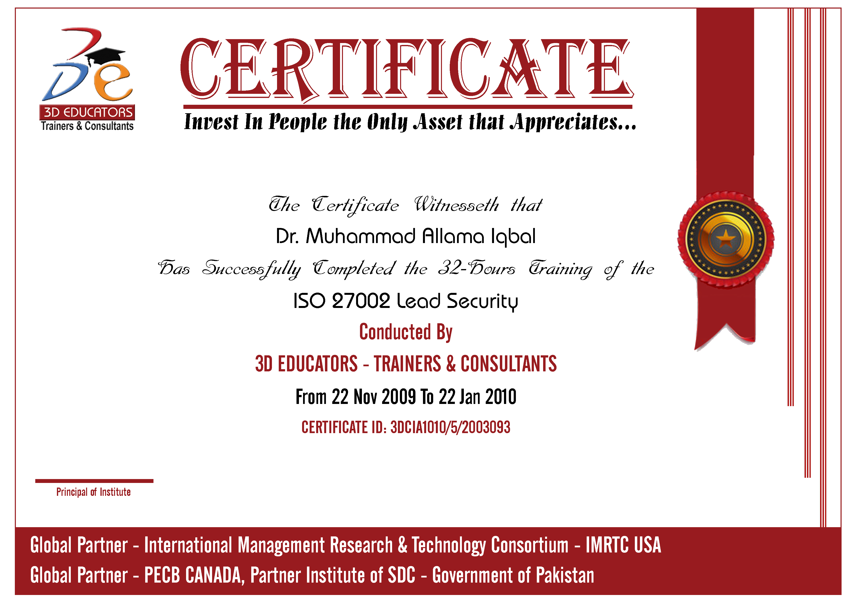 ISO 27002 Lead Security Training Sample Certificate