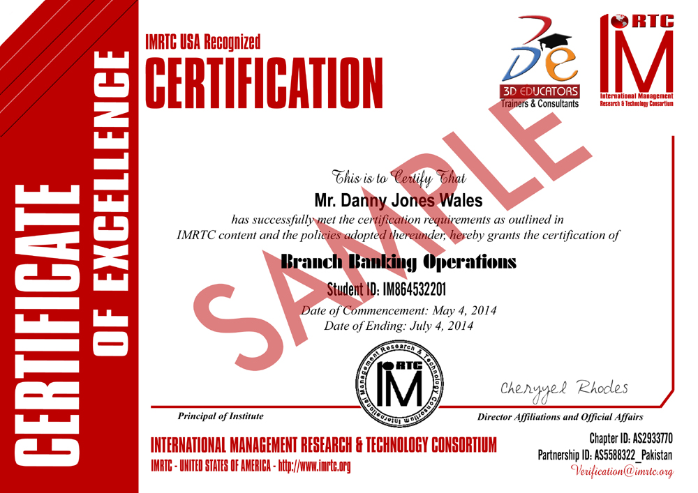Branch Banking Operations Training Sample Certificate