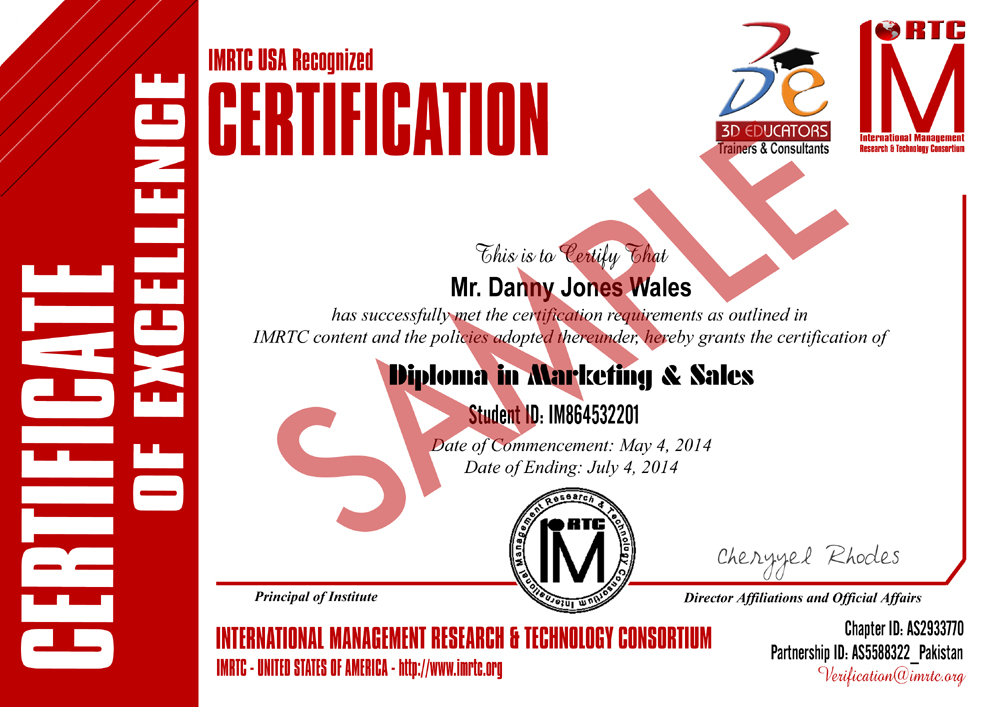 Diploma in Marketing And Sales Training Sample Certificate