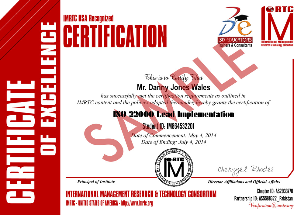 ISO 22000 Food Safety Training Sample Certificate