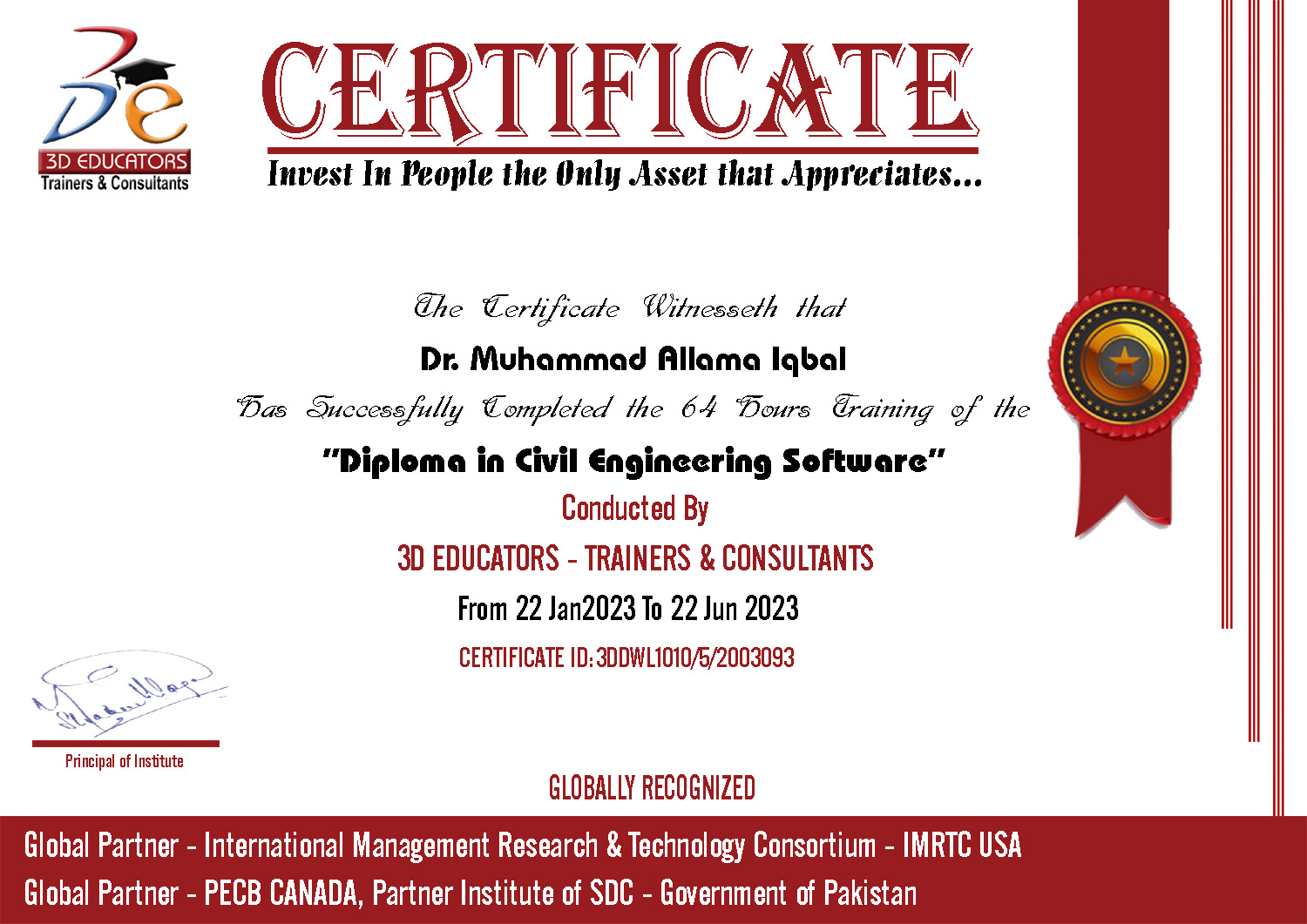 Diploma in Civil Engineering Software Sample Certificate 