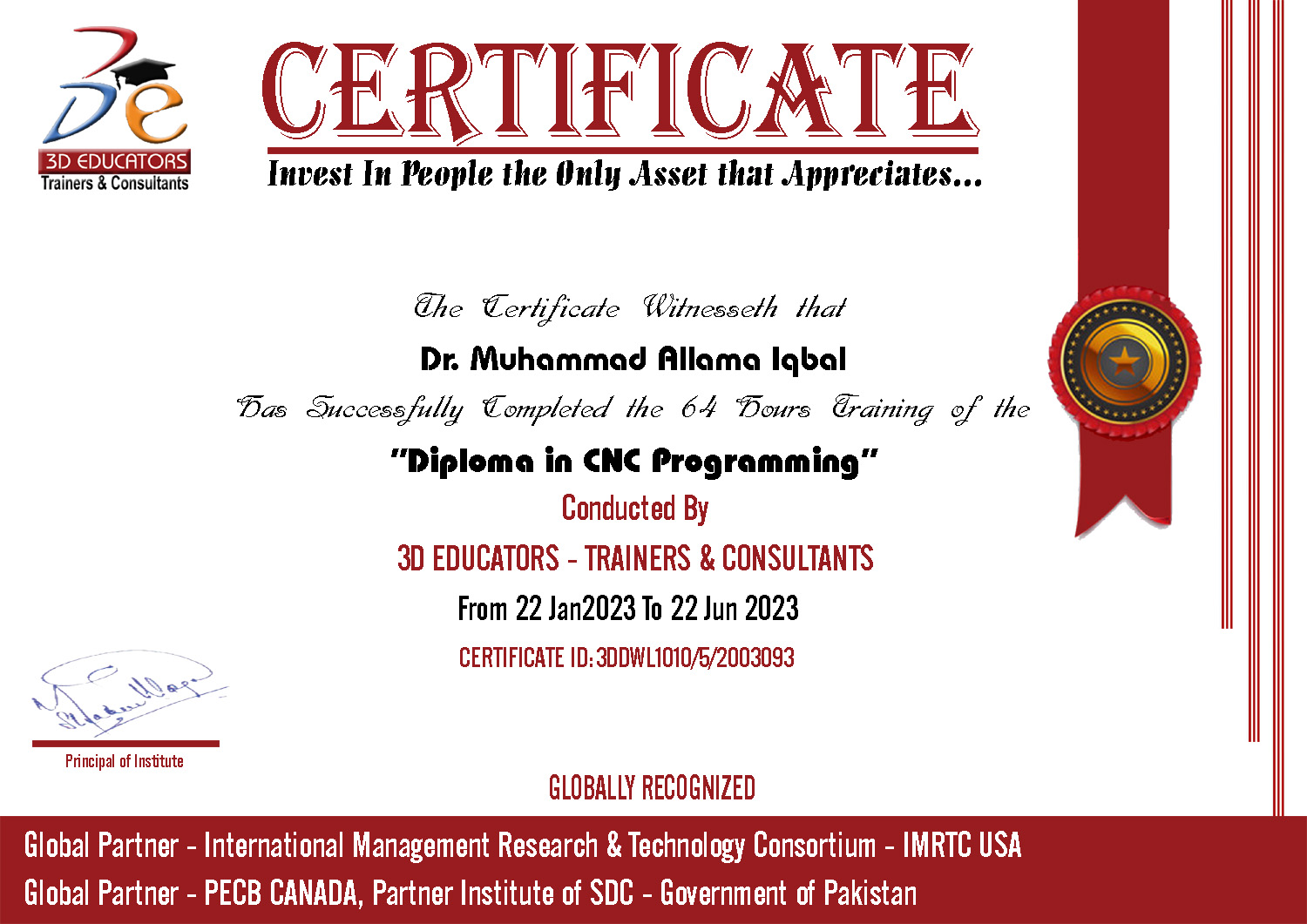 Diploma in CNC Programming Sample Certificate