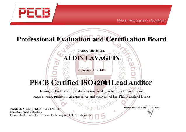 ISO 42001 Lead Auditor Training Sample Certificate