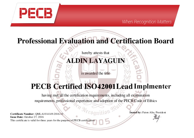 ISO 42001 Lead Implementer Training Sample Certificate