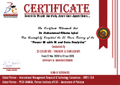 Power BI with AI and Data Analytics Training Sample Certificate